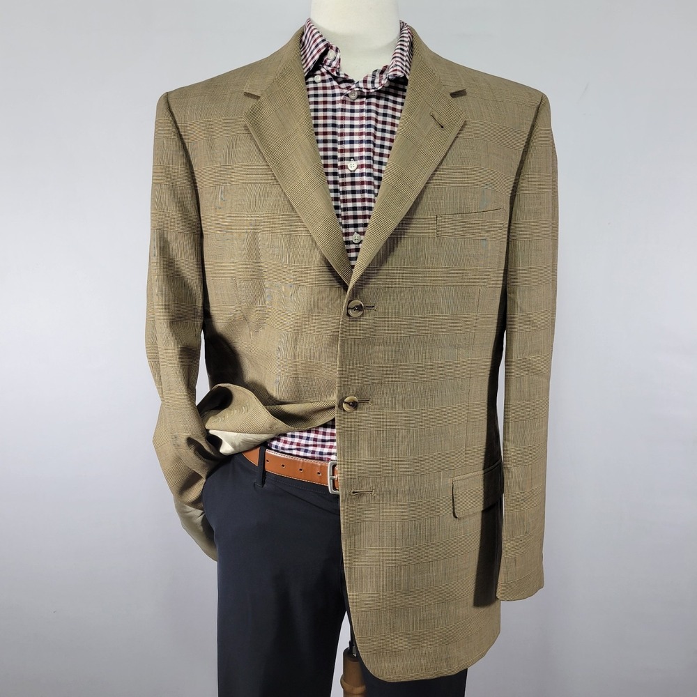 VTG Tommy Hilfiger Men's Sport Coat Blazer Three Button Brown Plaid Wool Sz 44L